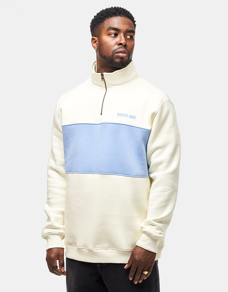 Route One Blocked 1/4 Zip Sweat - Stone/Baby Blue