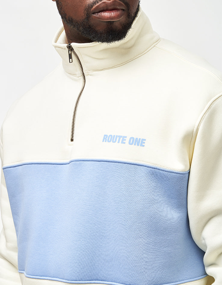Route One Blocked 1/4 Zip Sweat - Stone/Baby Blue