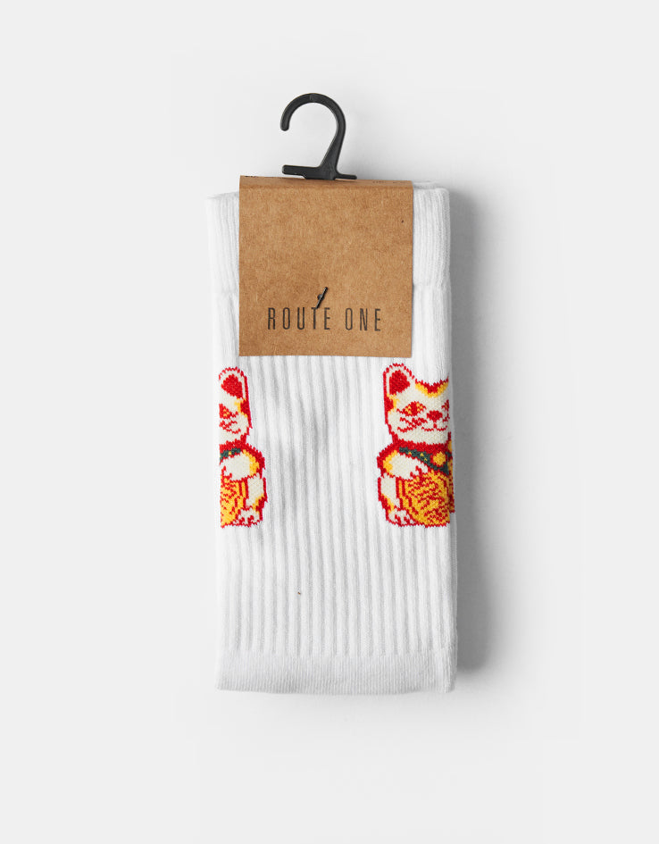 Route One Lucky Cat Crew Socks - White