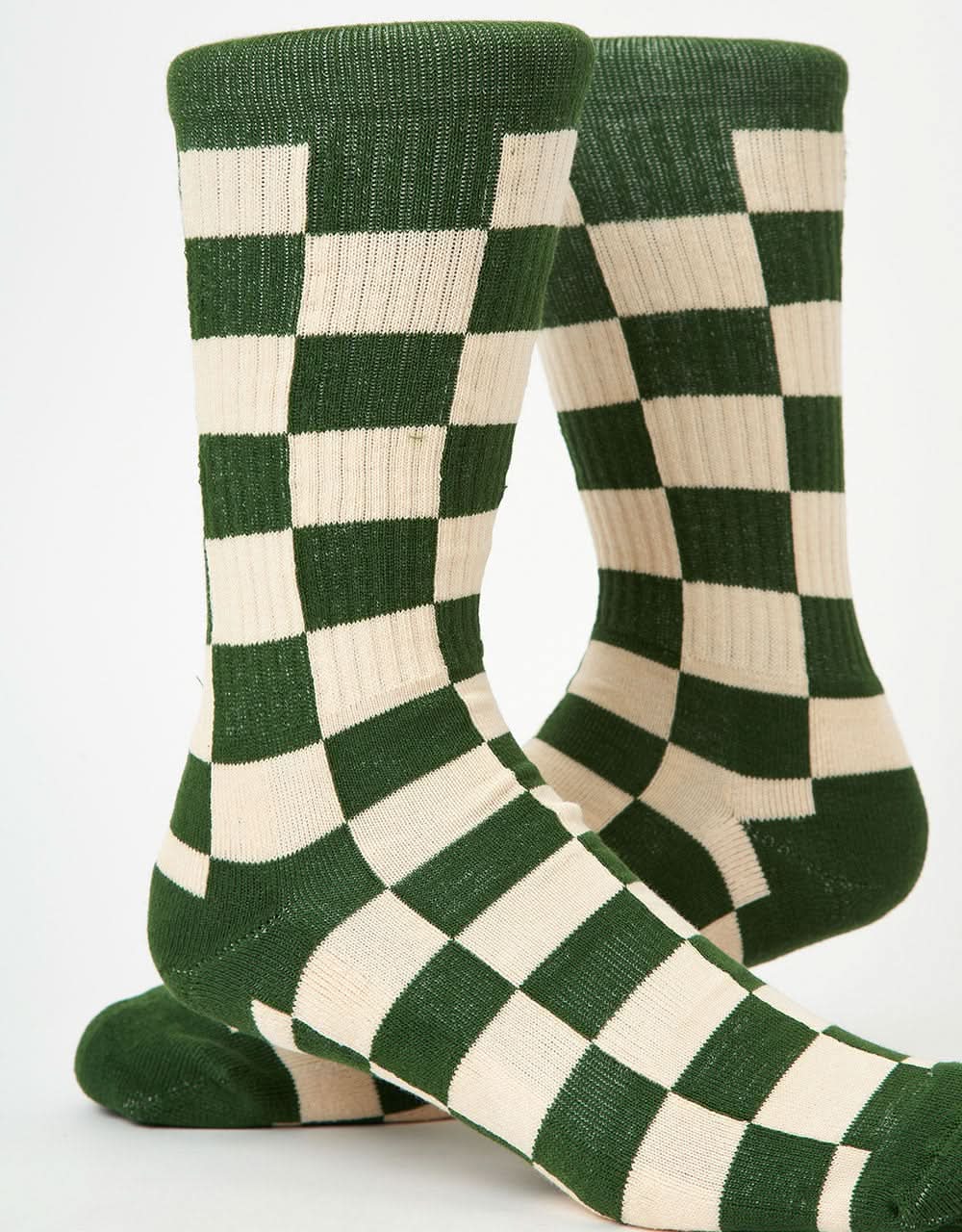 Route One Checkerboard Crew Socks - Forest Green/Natural