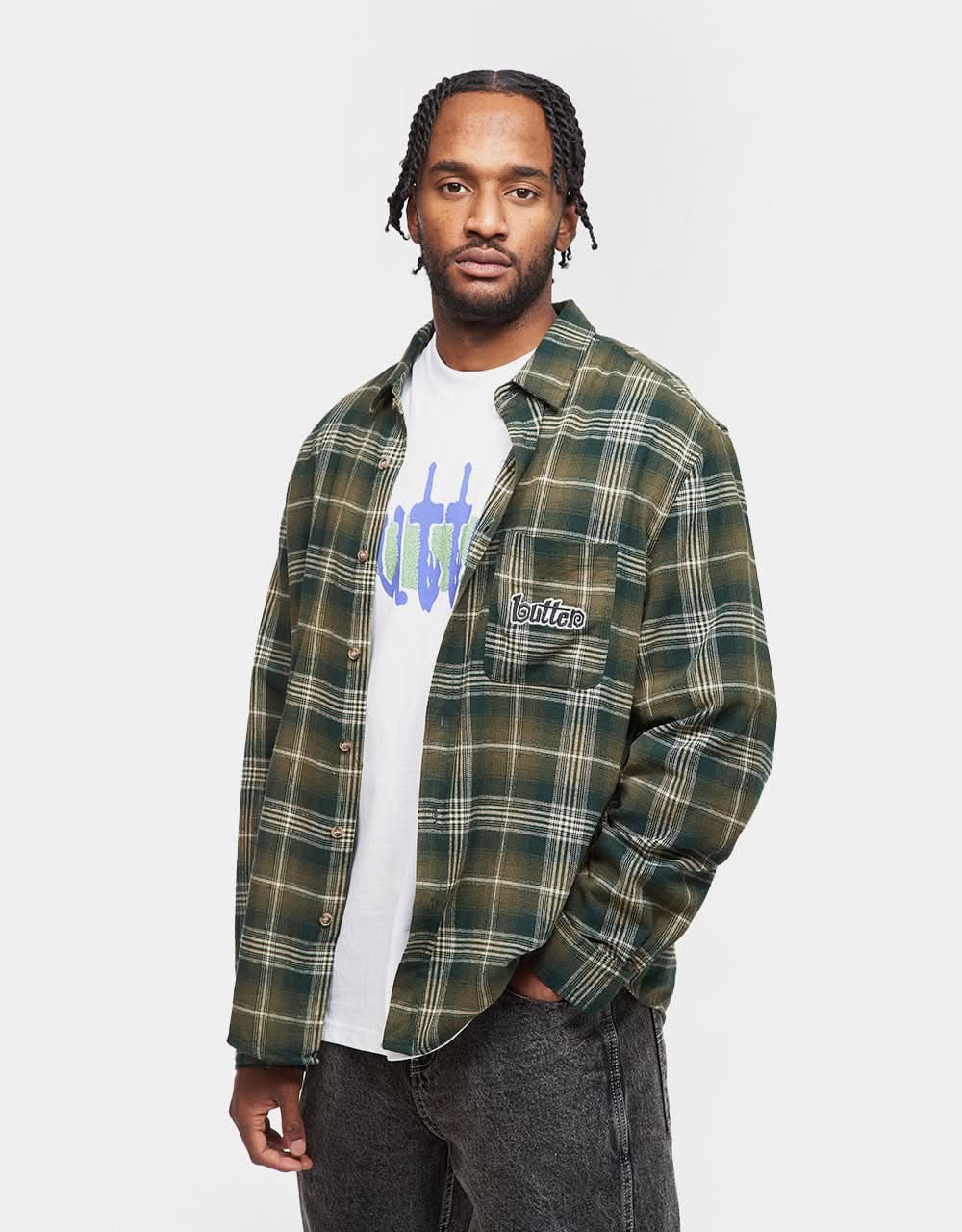 Butter Goods Swirl Plaid L/S Shirt - Green/White