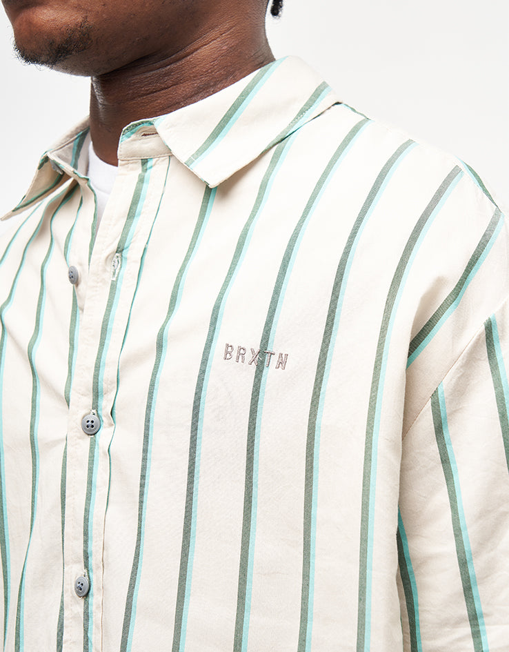 Brixton Cru Stripe S/S Shirt - Beige/Pine Needle/Aquatic Green