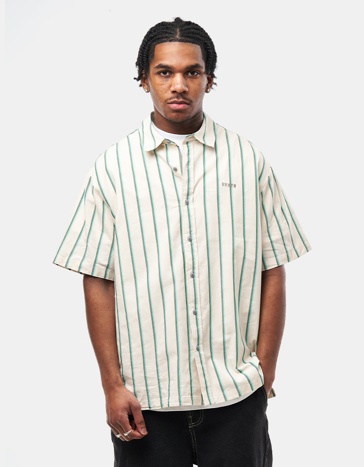 Brixton Cru Stripe S/S Shirt - Beige/Pine Needle/Aquatic Green