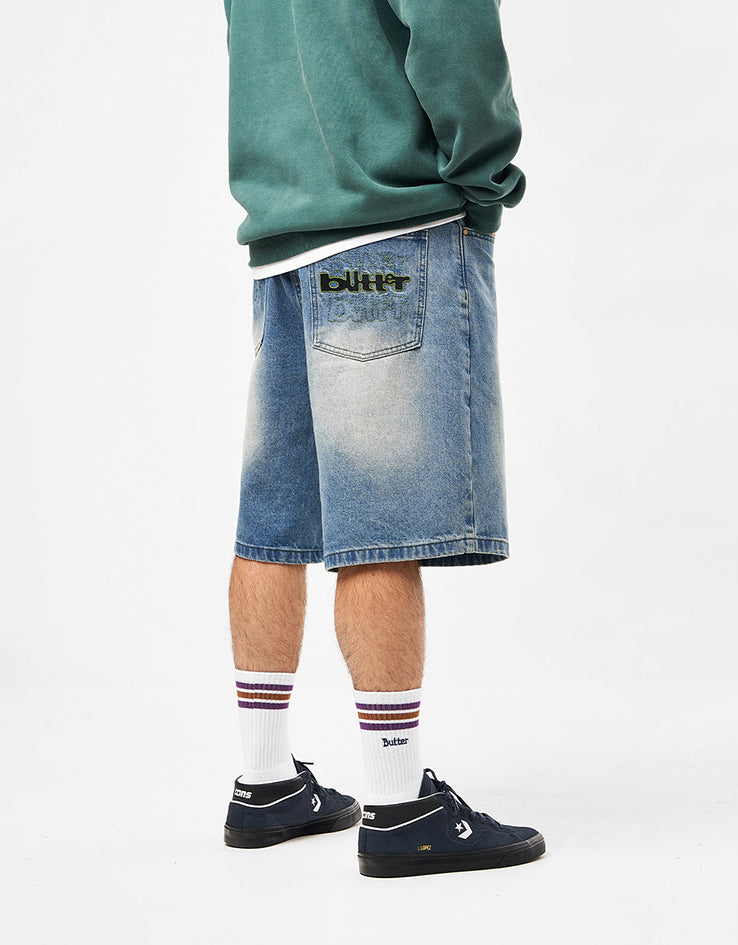 Butter Goods Warped Denim Shorts - Washed Mid Blue