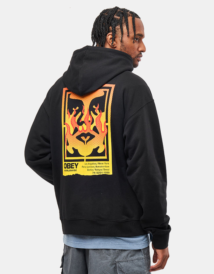 Obey Icon Stencil Flame Pullover Hoodie - Black