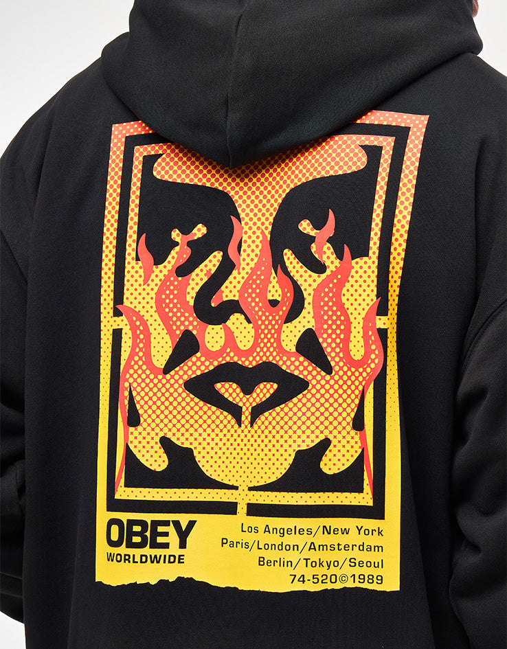 Obey Icon Stencil Flame Pullover Hoodie - Black