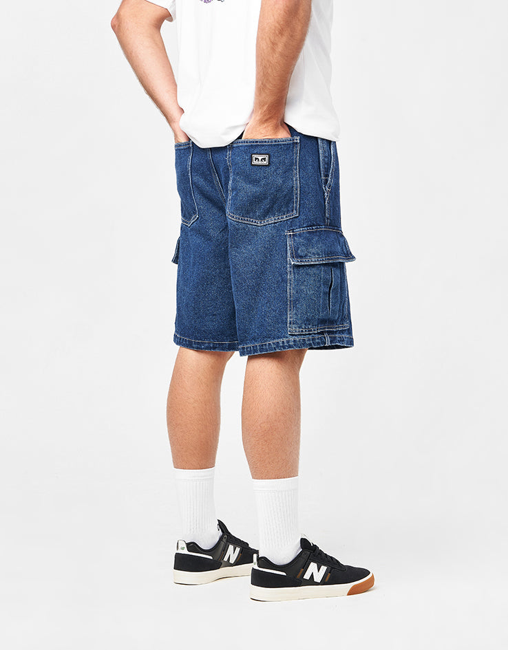 Obey Bigwig Baggy Denim Cargo Shorts - Stone Wash Indigo
