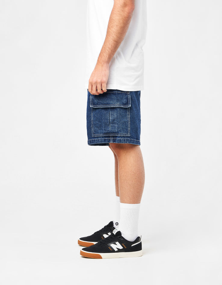 Obey Bigwig Baggy Denim Cargo Shorts - Stone Wash Indigo