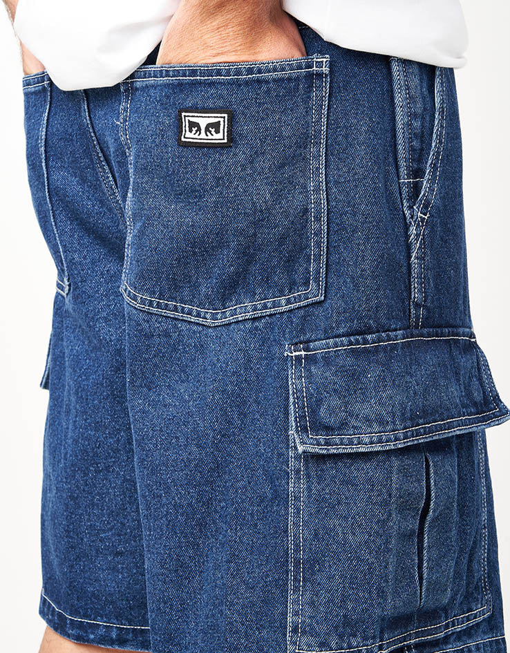 Obey Bigwig Baggy Denim Cargo Shorts - Stone Wash Indigo
