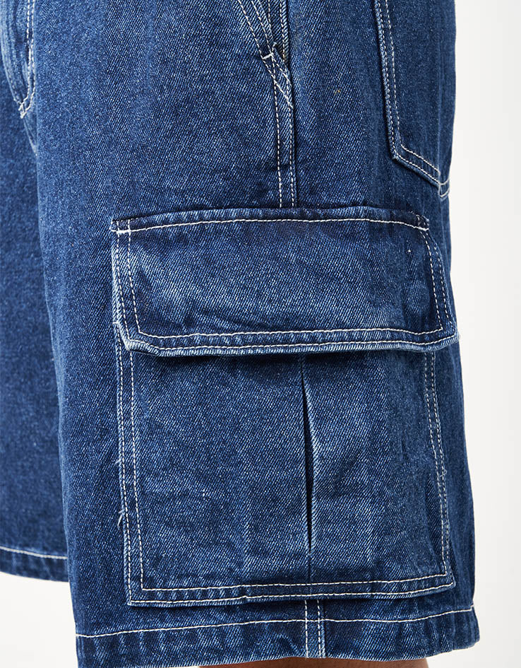 Obey Bigwig Baggy Denim Cargo Shorts - Stone Wash Indigo