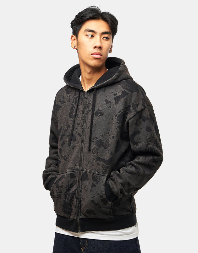Route One Heavyweight Zip Hoodie (400gsm) - Tree Camo (Black)