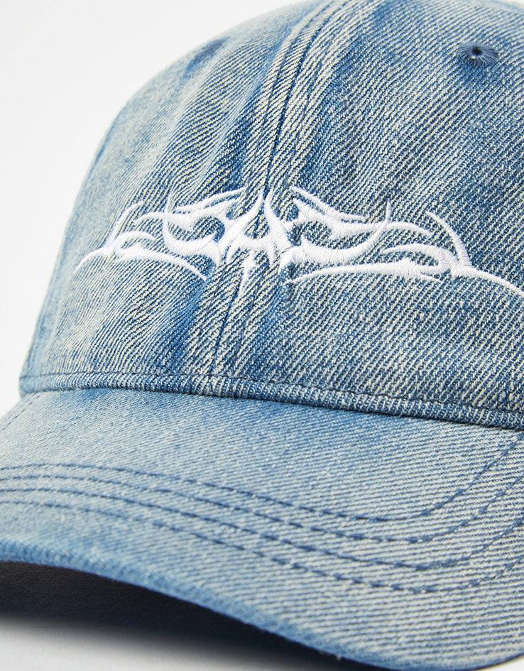 Route One Stamp Bleached Denim Dad Cap - Light Blue Denim