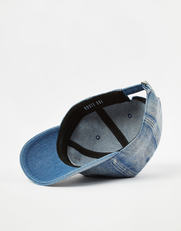 Route One Stamp Bleached Denim Dad Cap - Light Blue Denim