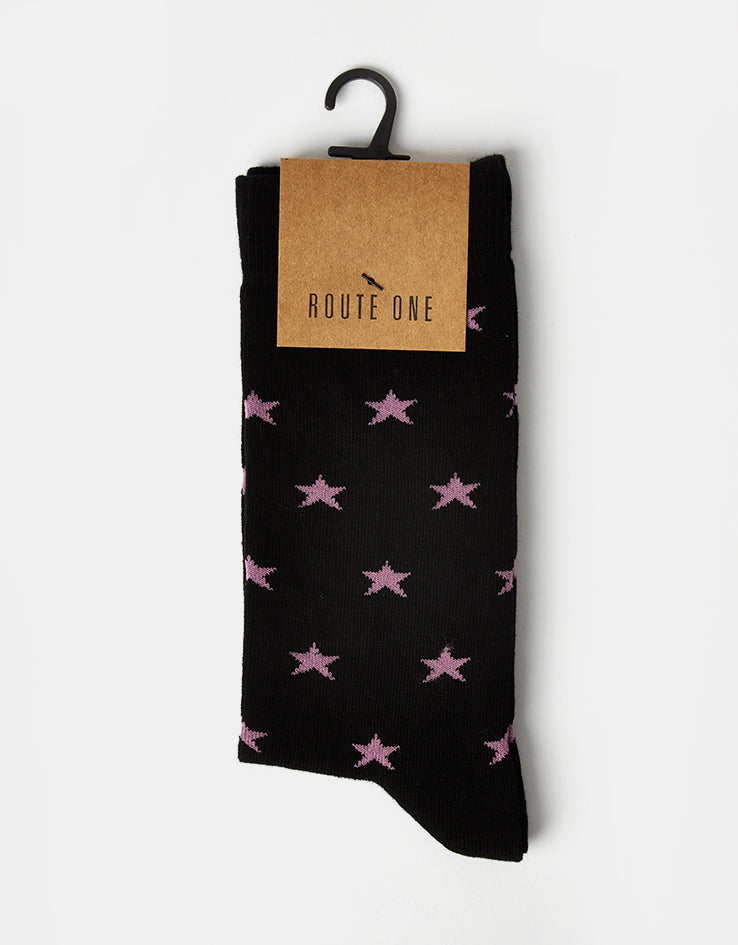 Route One All Over Stars Socks - Black/Pink