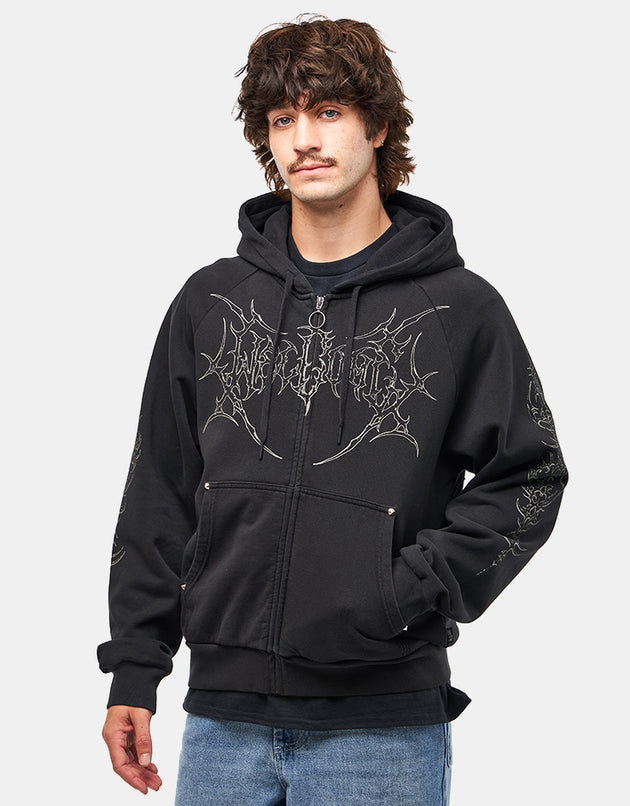 Welcome Grapple Cropped Pigment-Dyed Zip Hoodie - Black (Metal Studs)