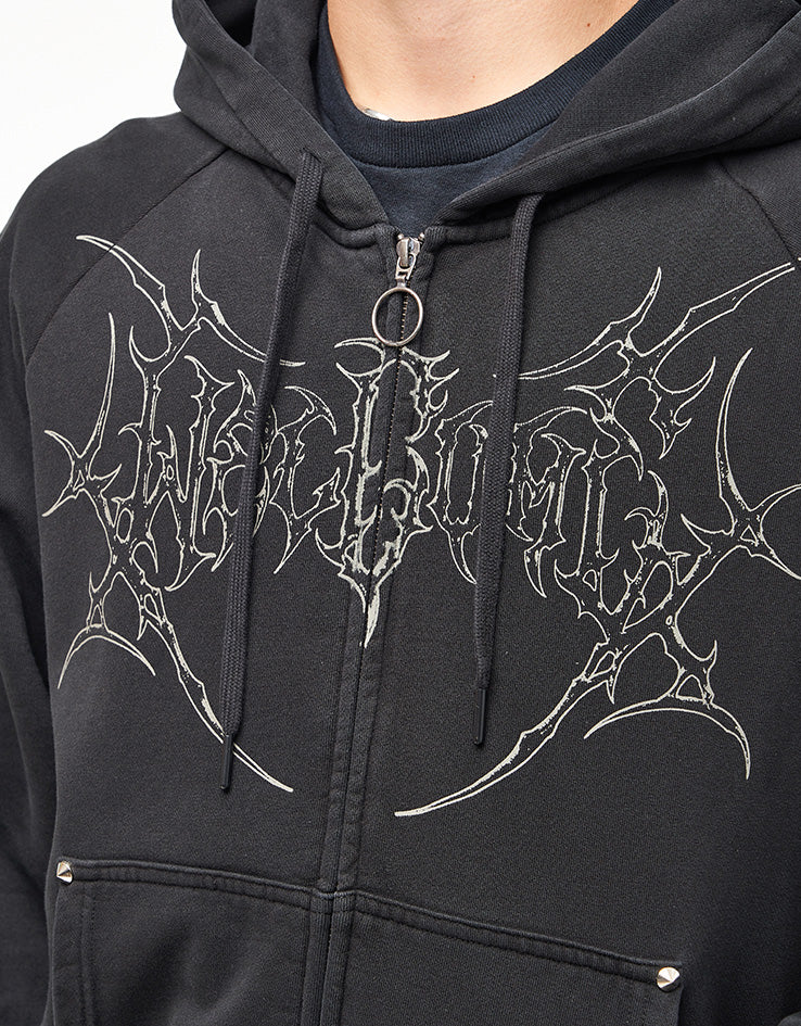 Welcome Grapple Cropped Pigment-Dyed Zip Hoodie - Black (Metal Studs)