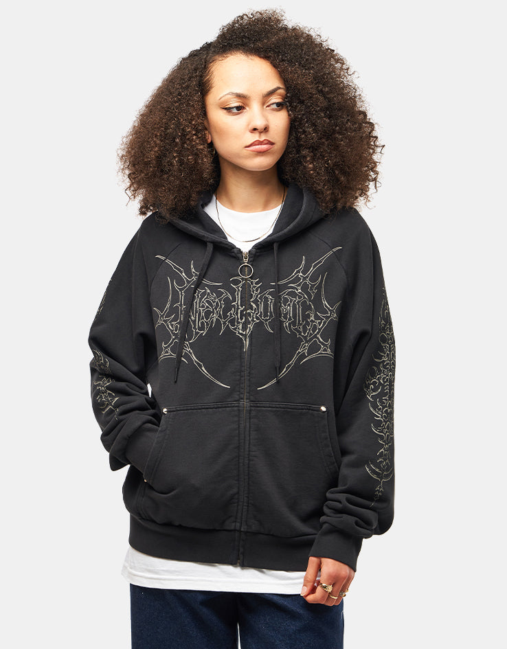 Welcome Grapple Cropped Pigment-Dyed Zip Hoodie - Black (Metal Studs)