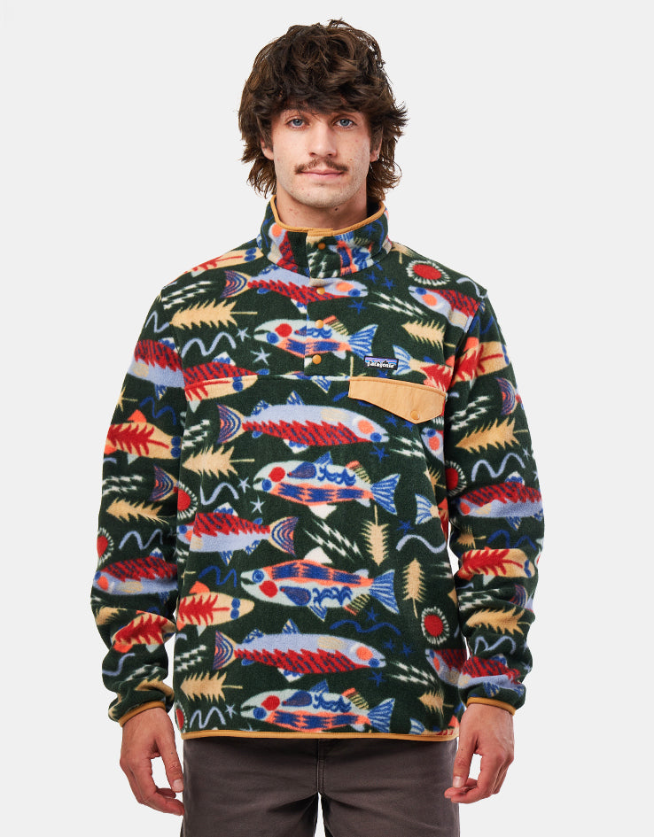 Patagonia Lightweight Synch Snap-T Pullover Fleece - Salmon Energy/Old Growth Green