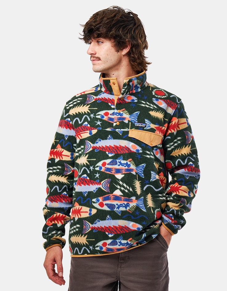 Patagonia Lightweight Synch Snap-T Pullover Fleece - Salmon Energy/Old Growth Green