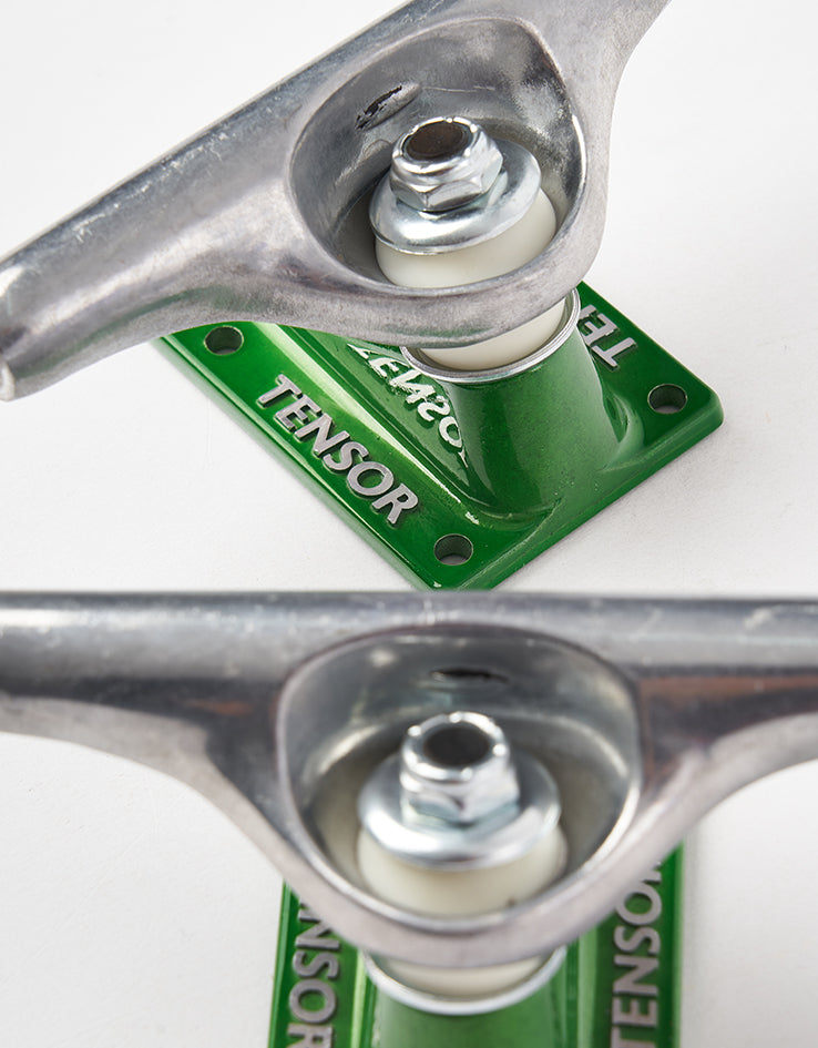 Tensor Stencil Mirror Alum Skateboard Trucks - Raw/Green (Pair)