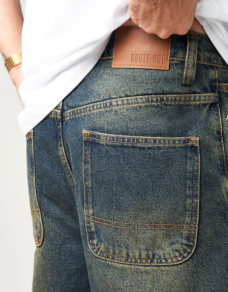 Route One Super Baggy Denim Jeans - Dirty Indigo Wash