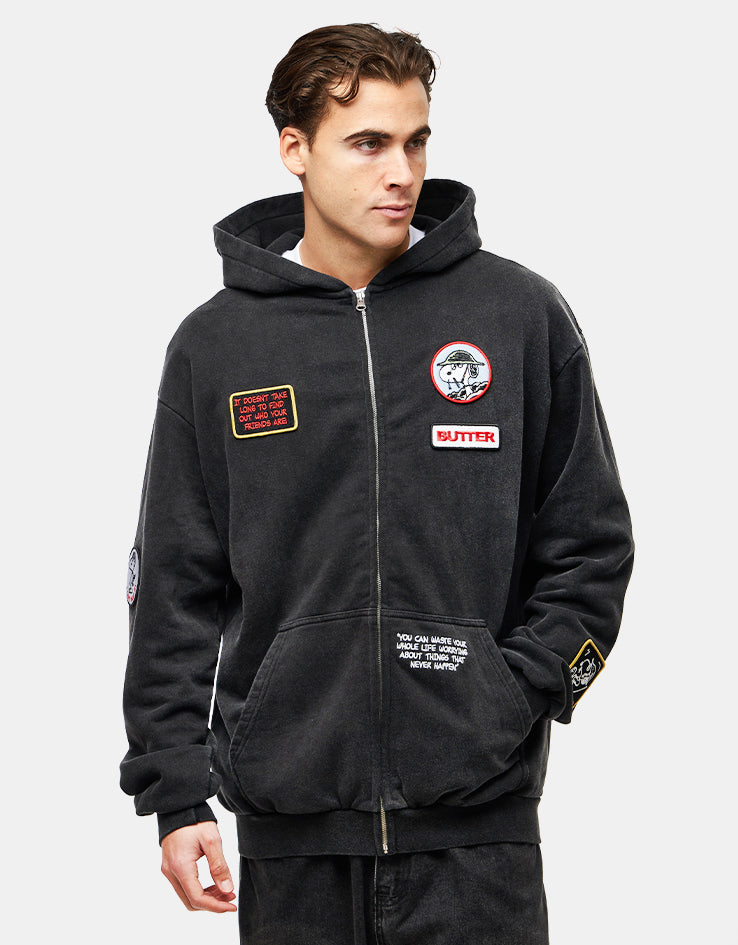 Butter Goods x Peanuts Patches Zip-Thru Hoodie - Washed Black