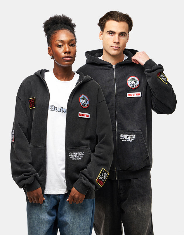 Butter Goods x Peanuts Patches Zip-Thru Hoodie - Washed Black