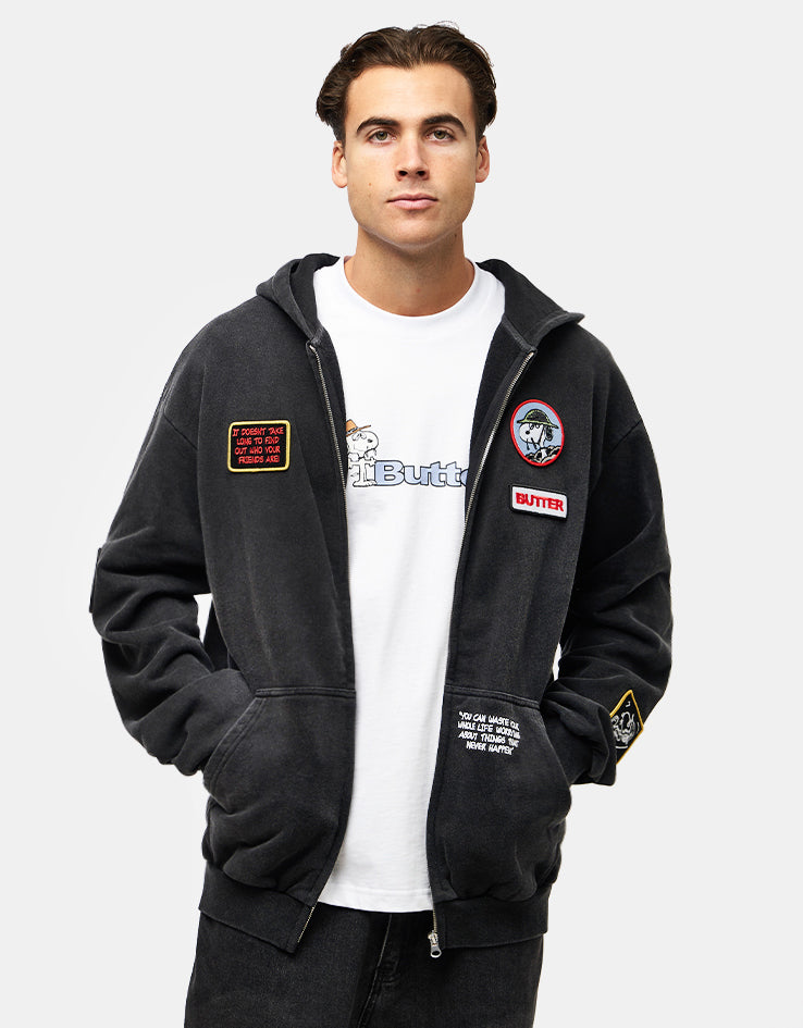Butter Goods x Peanuts Patches Zip-Thru Hoodie - Washed Black