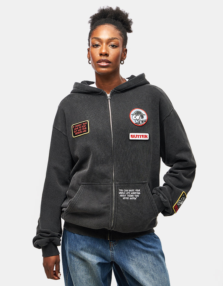 Butter Goods x Peanuts Patches Zip-Thru Hoodie - Washed Black