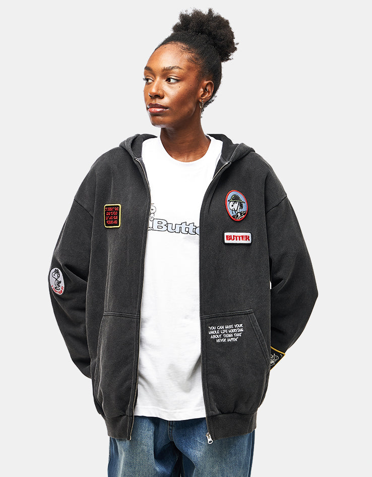 Butter Goods x Peanuts Patches Zip-Thru Hoodie - Washed Black