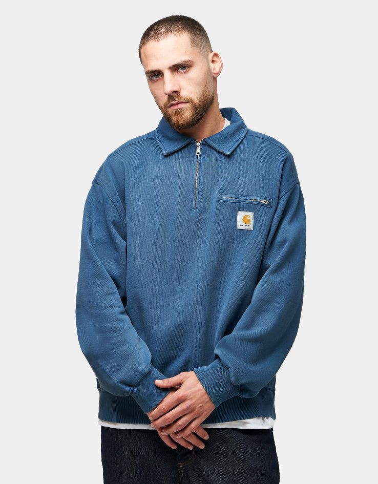 Carhartt WIP Half Zip Detroit Sweat - Blue River (Stone Washed)