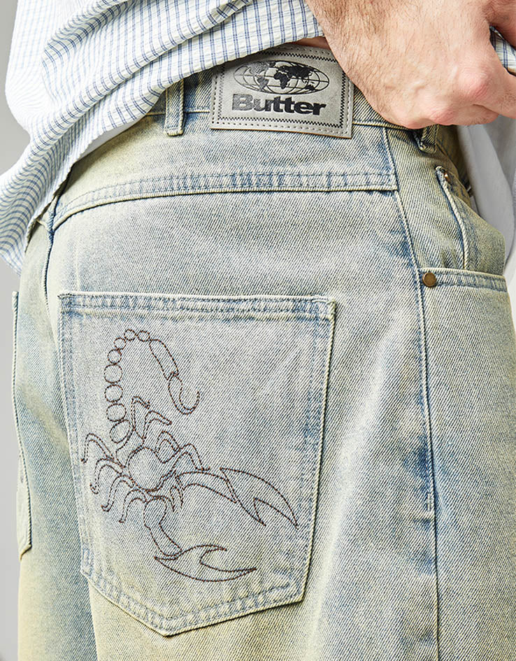 Butter Goods Scorpion Stitch Denim Shorts - Tinted Light Blue