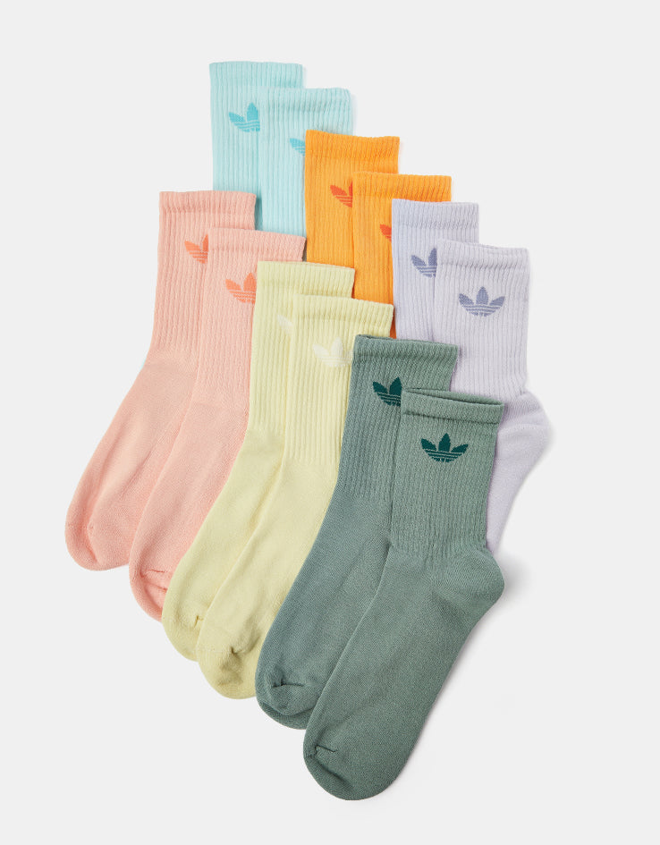 adidas Trefoil Cushion 6 Pack Crew Socks - Silver Green/Glow Pink/Powder Yellow
