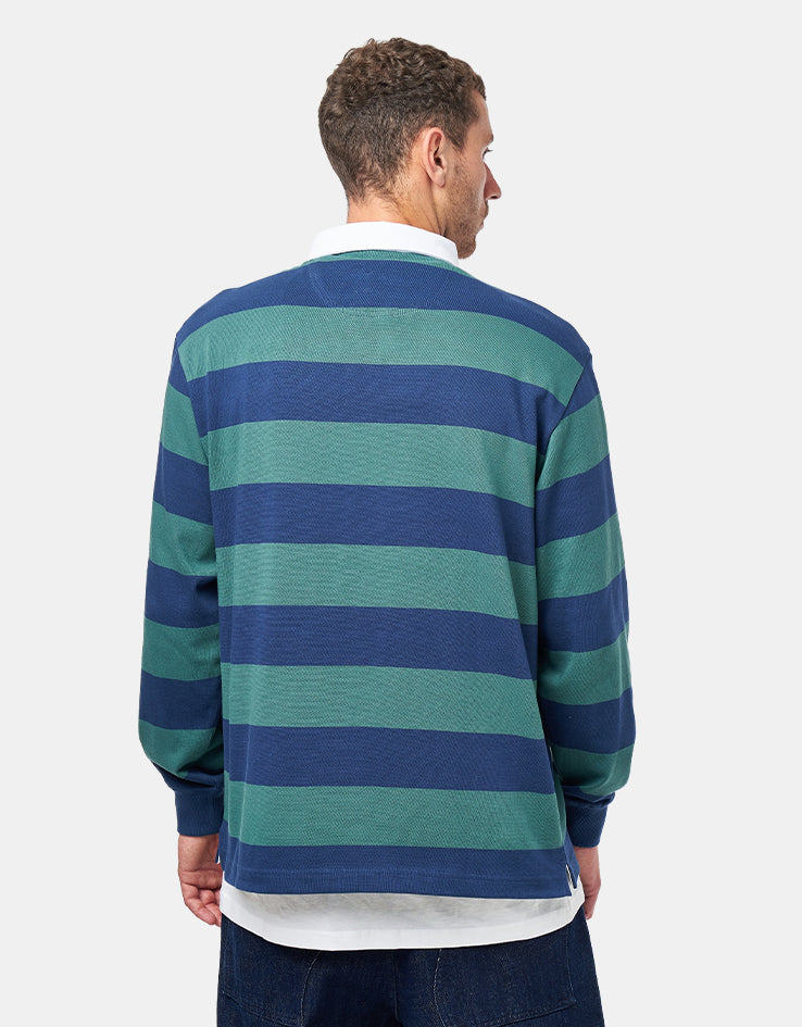 Route One Striped Rugby Shirt - Forest Green/Navy Blue