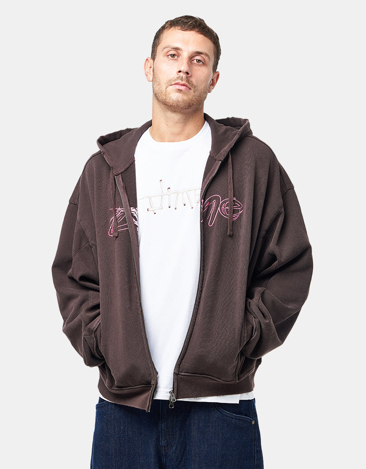 Dime MTL Distressed Terry Zip Hoodie - Acid Brown