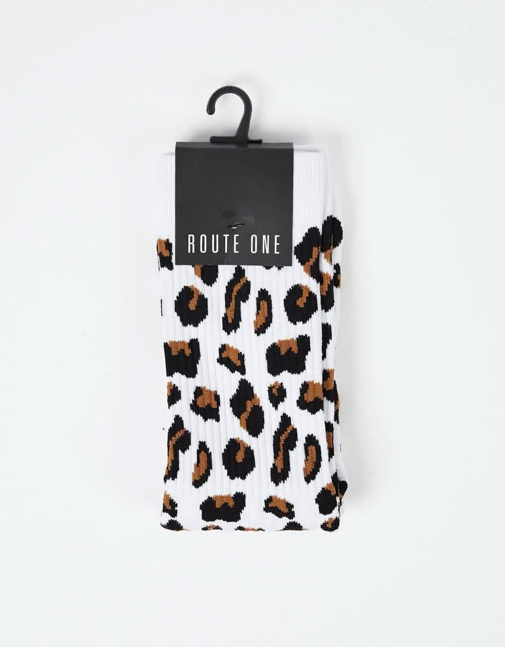 Route One Leopard Crew Socks - White