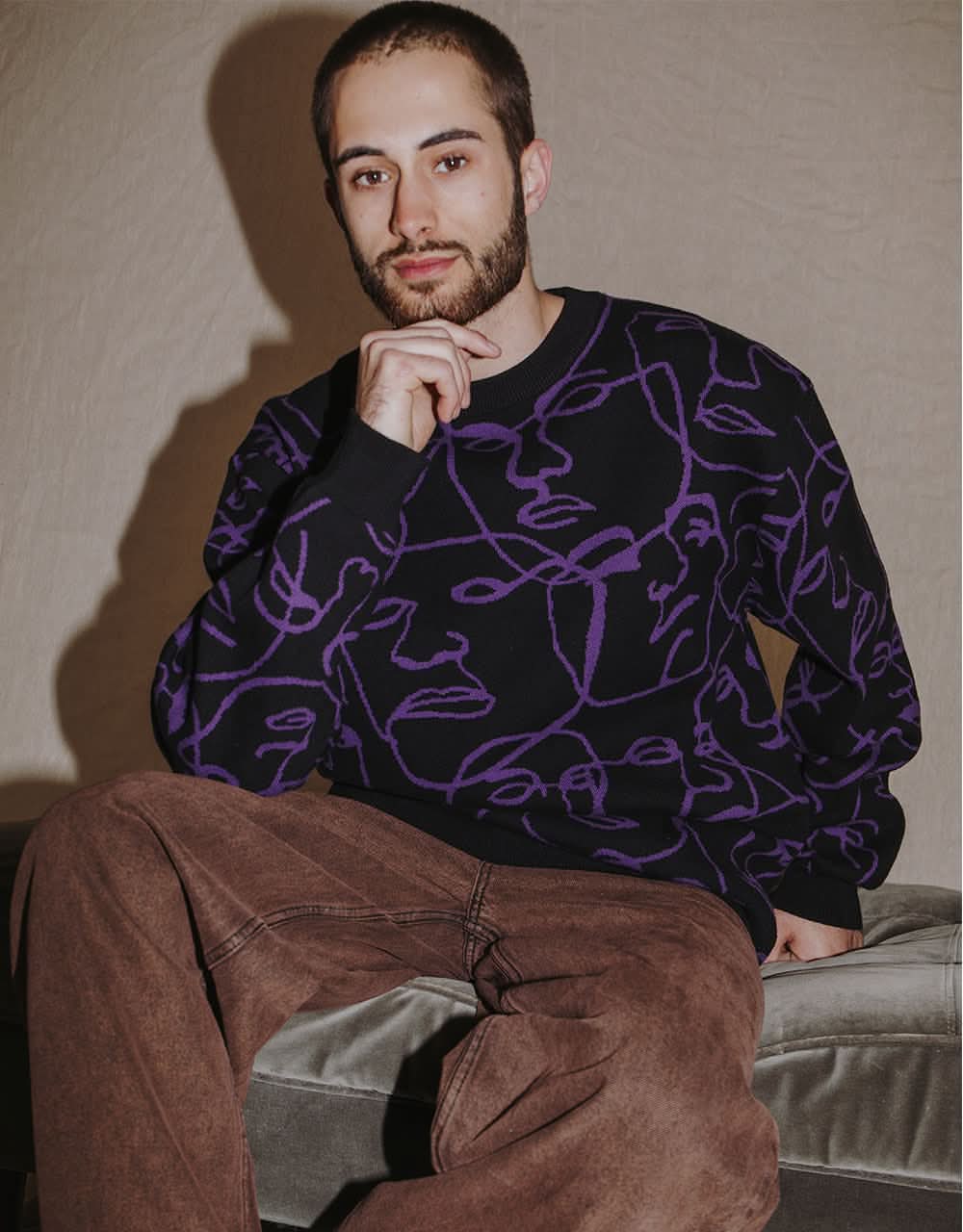 Route One Faces Knitted Sweater - Black/Dove